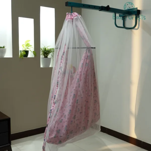Pink Elephant Baby Cradle Cloth With Net & Hanger