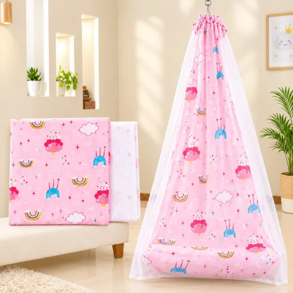 Pink Moon & Rainbow Baby Cradle Cloth With Net