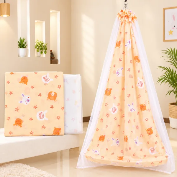 Peach Little Rabbit Printed Cradle Cloth With Net
