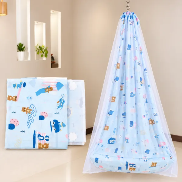 Blue Teddy Bear Cradle Cloth With Net