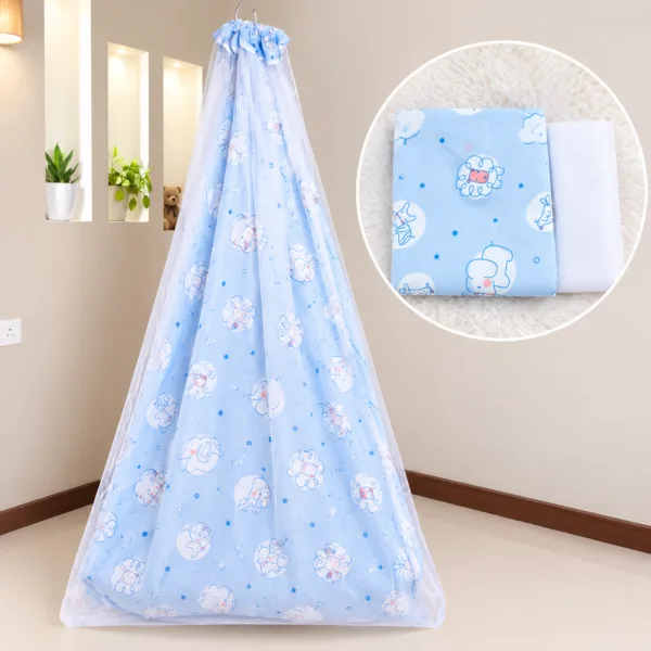 Baby Blue Elephant Printed Cradle Cloth With Net