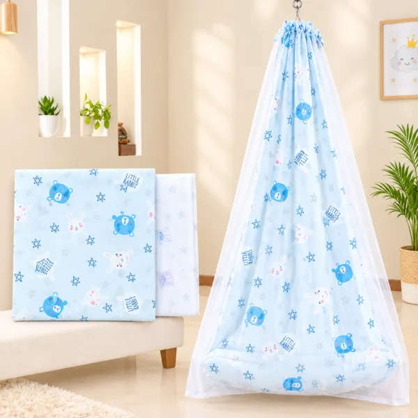 Blue Little Rabbit Printed Cradle Cloth With Net