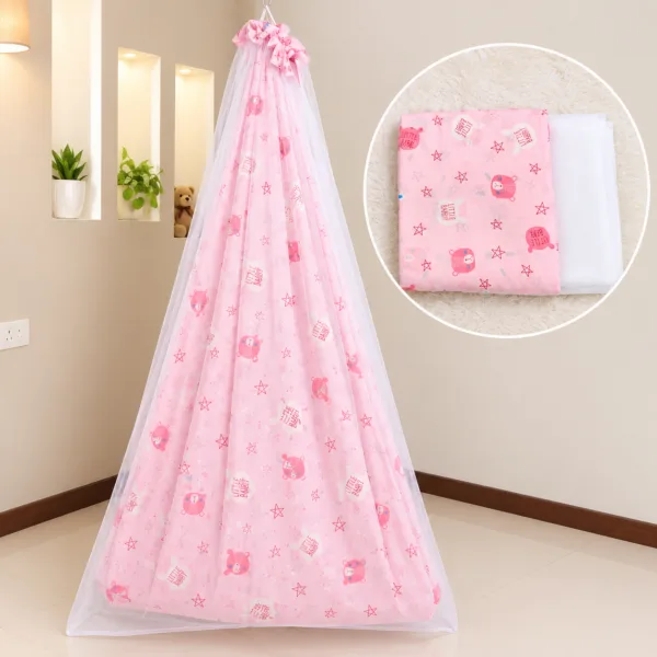 Pink Little Rabbit Printed Cradle Cloth With Net